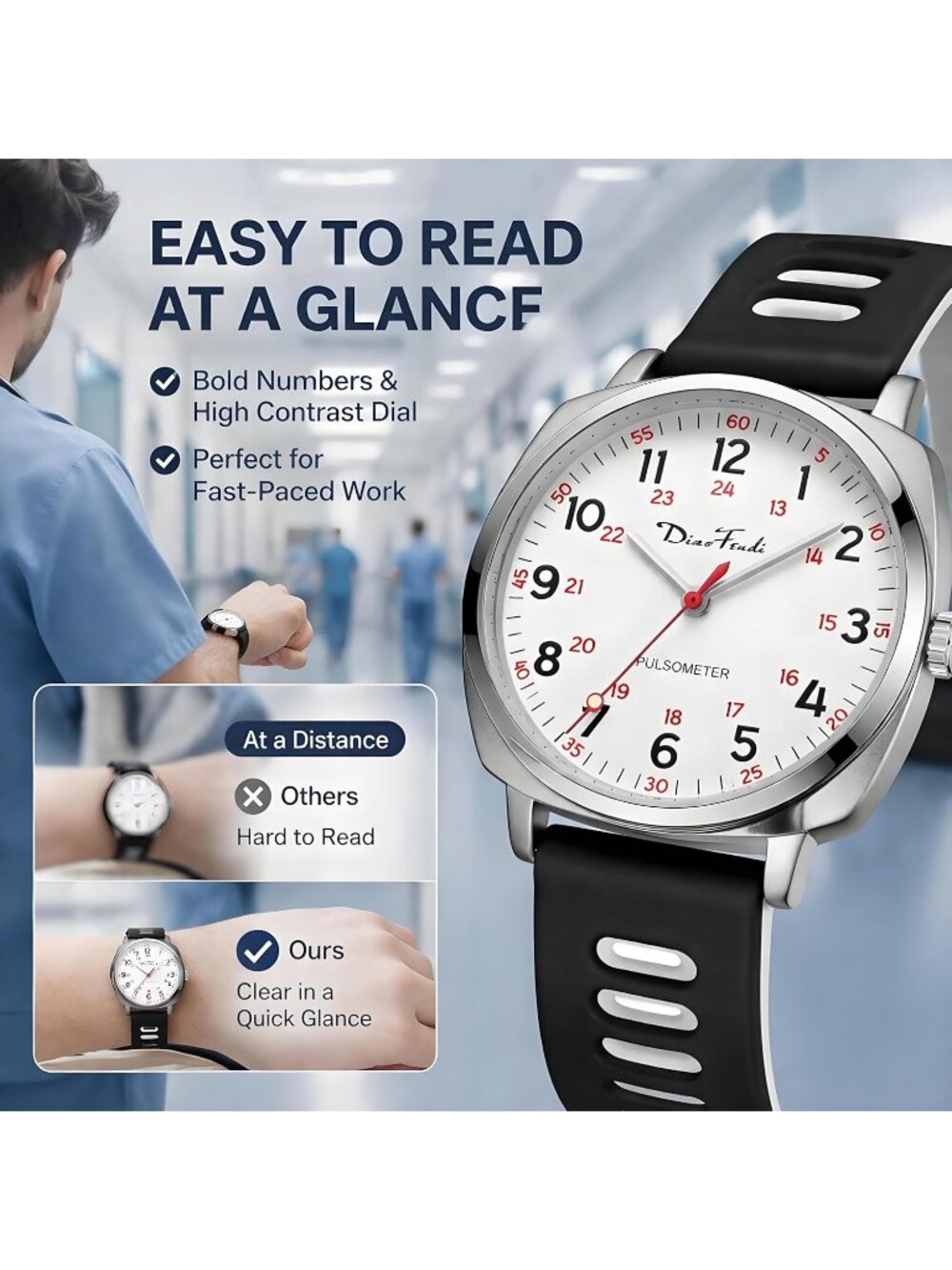 Diaofendi Women's White Black Analog Nurse Medical Professional Waterproof Watch - Picture 6 of 6